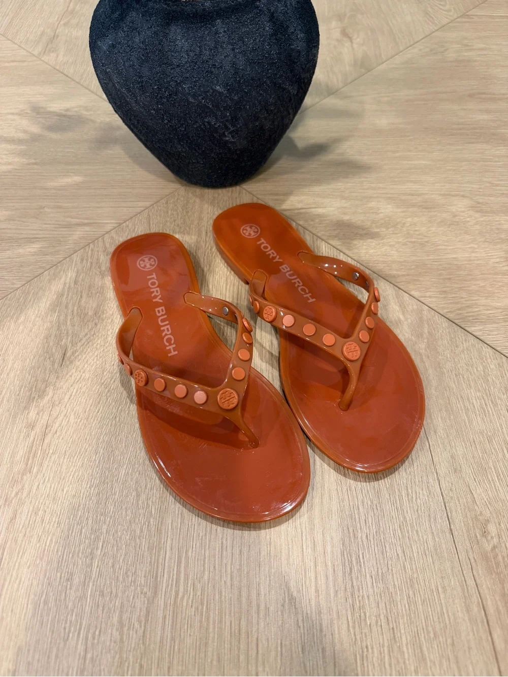 Tory Burch Burnt Orange Logo Jelly Thong Sandals
